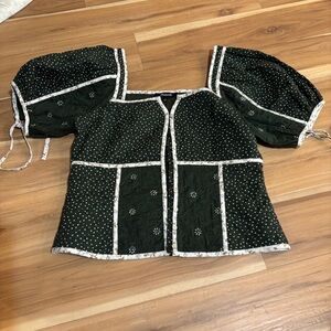 Madewell Dark Green Quilted Puff Sleeve Blouse with White Trim size 4
